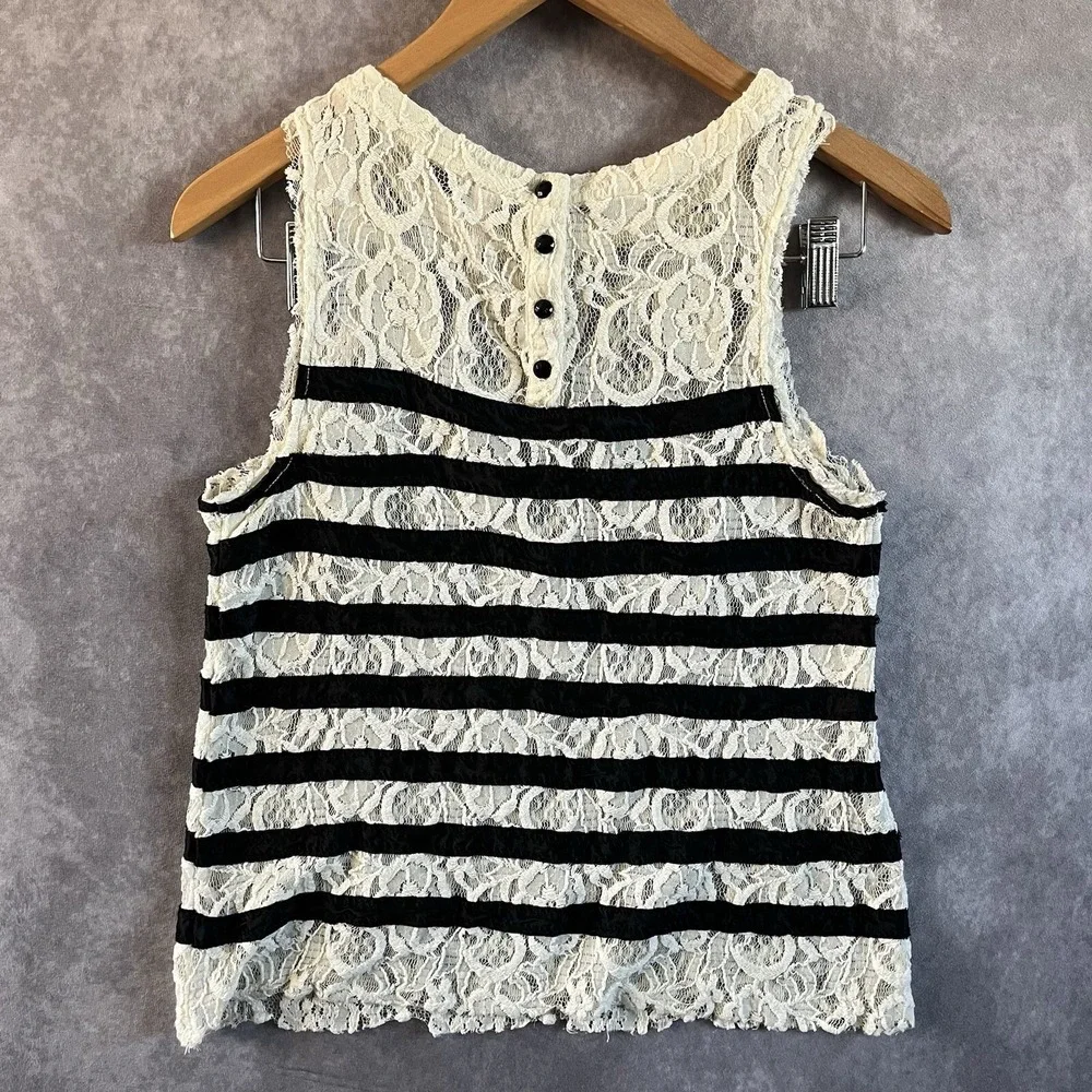 Free People Lace Tank Top Womens XS Ivory Black Striped Sleeveless Button Back
